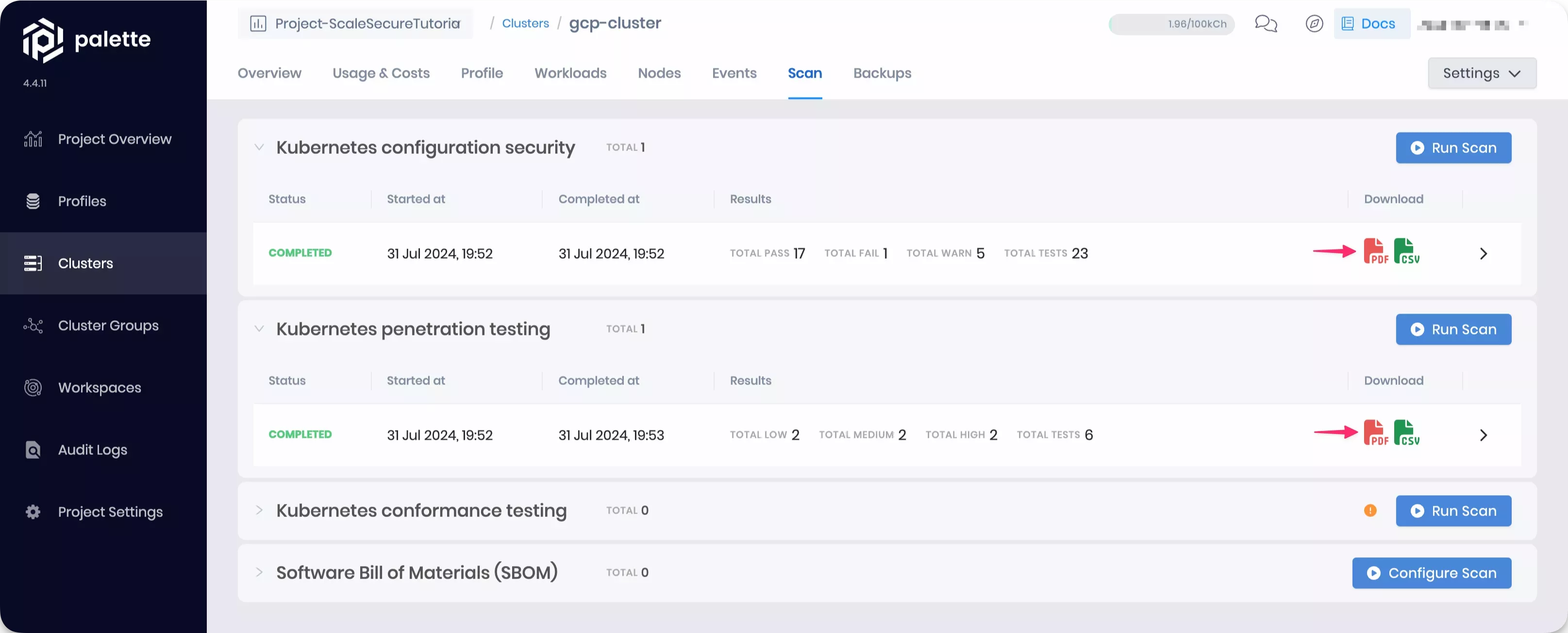 Scans completed on the cluster