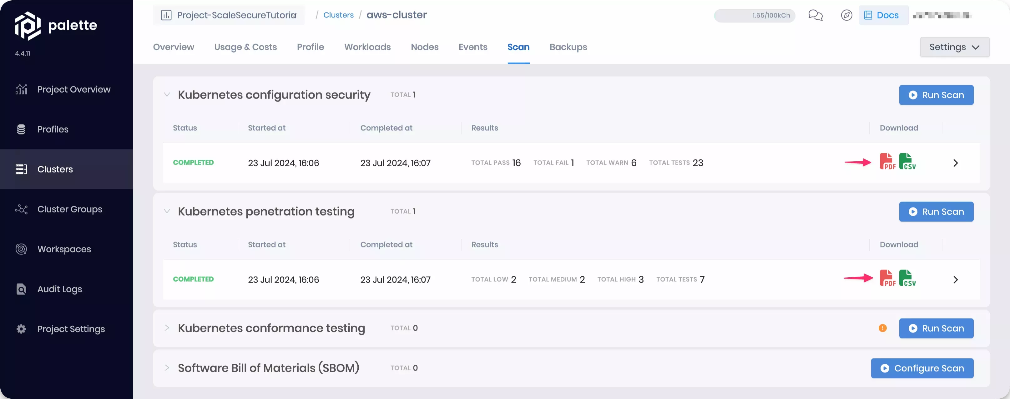 Scans completed on the cluster